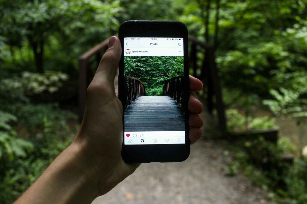 A person holding a phone and browsing a photo of a bridge in the woods on the Instagram app.